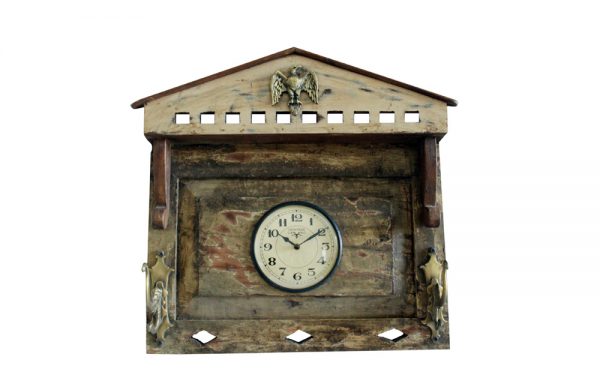 Upcycled Old Window Clock with Brass Hooks (Cream White)