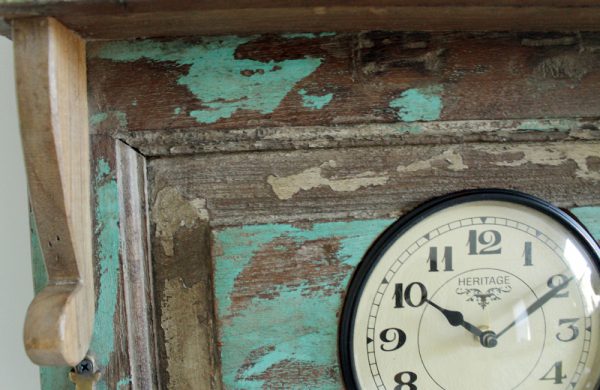 Upcycled Old Window Clock with Brass Hooks (Emerald Green)